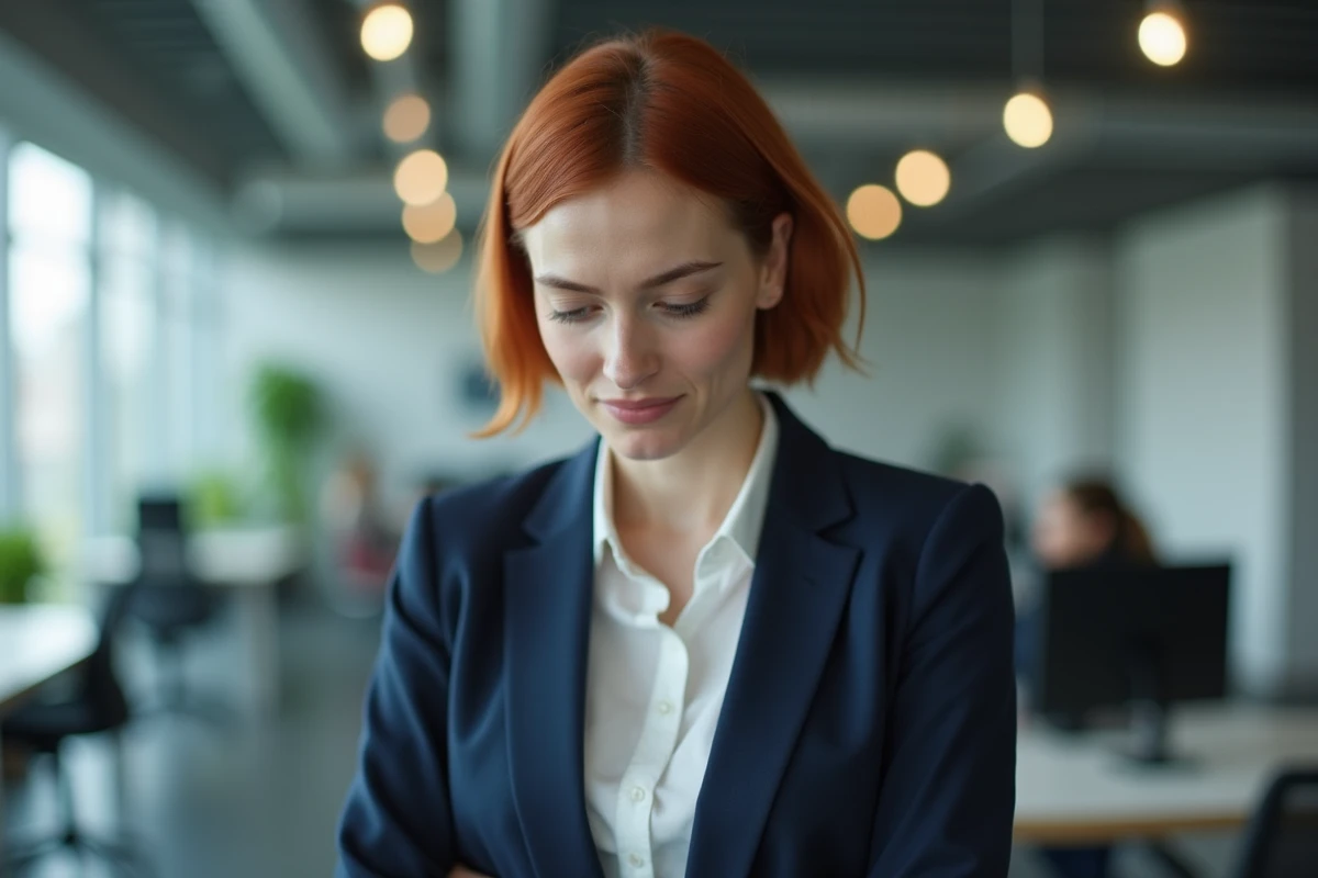 Jeune femme professionnelle aux yeux baissés dans un bureau moderne, illustrant la communication non verbale et le langage corporel féminin