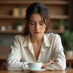 Femme aux yeux baissés assise dans un café, expression pensive et introspective symbolisant un message caché non verbal