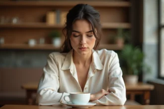 Femme aux yeux baissés assise dans un café, expression pensive et introspective symbolisant un message caché non verbal