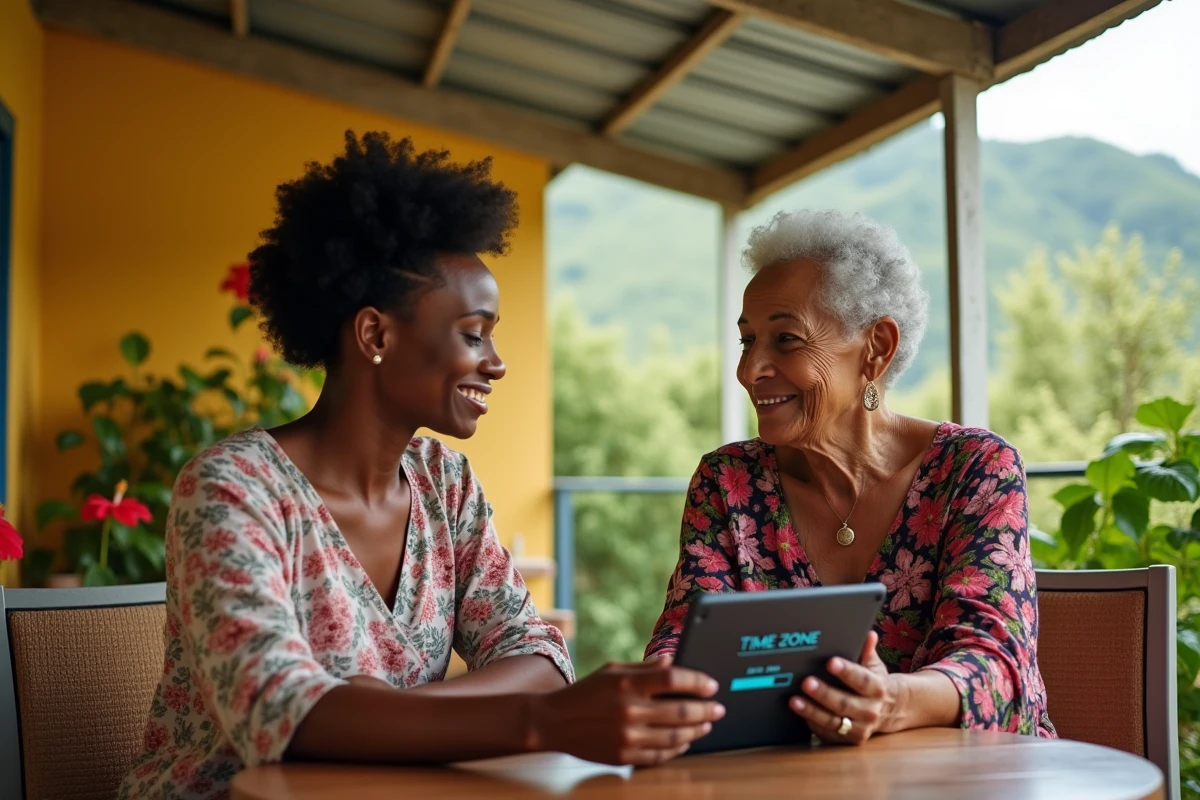 Deux femmes martiniquaises consultant un tableau de comparaison des fuseaux horaires sur une tablette en terrasse