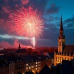 Feu d'artifice coloré explosant au-dessus des toits de Lille lors d'une soirée estivale avec ciel nuageux