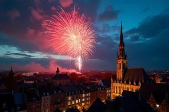 Feu d'artifice coloré explosant au-dessus des toits de Lille lors d'une soirée estivale avec ciel nuageux