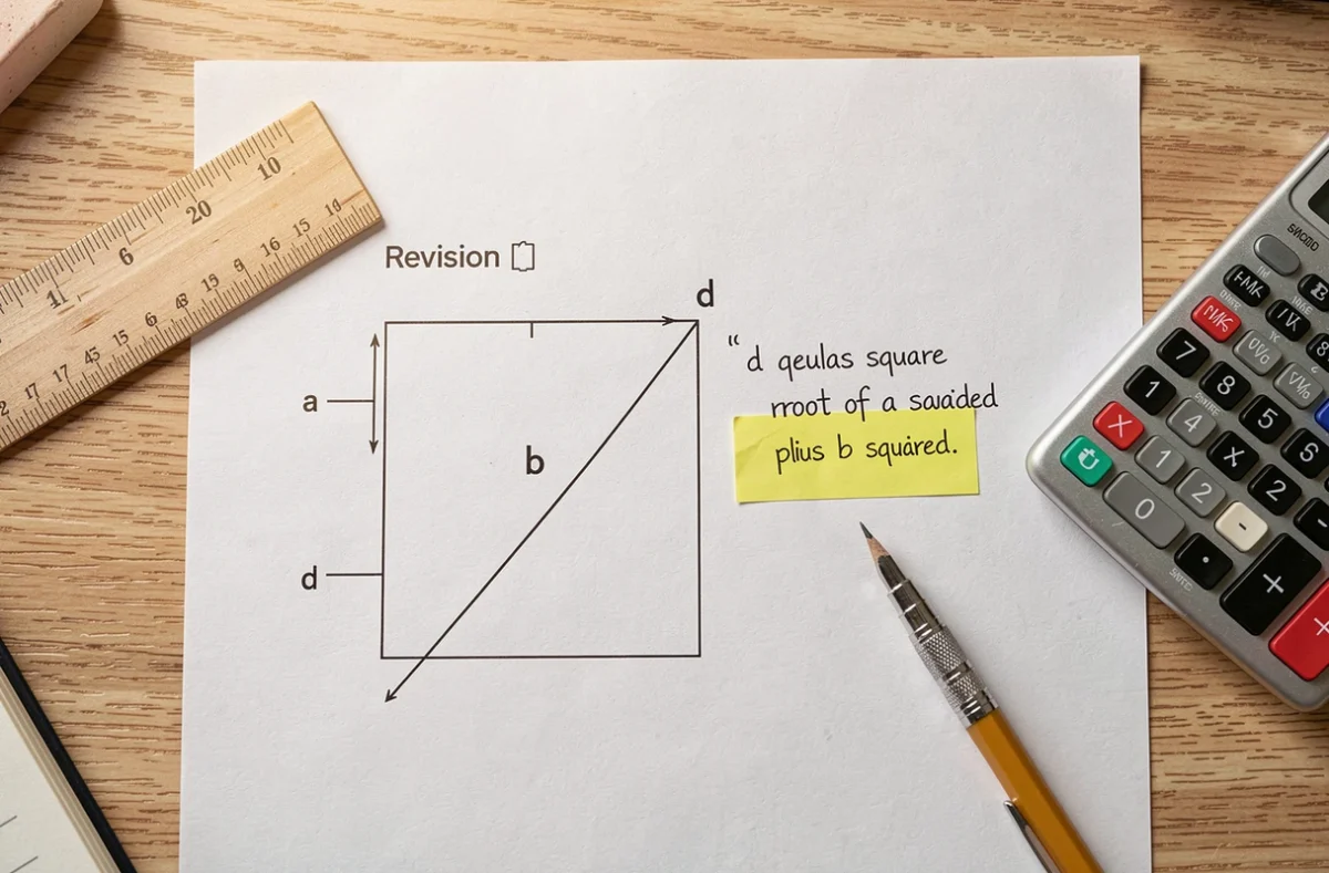 Fiche de révision imprimée avec la formule de calcul de la diagonale d'un rectangle entourée de matériel scolaire sur un bureau