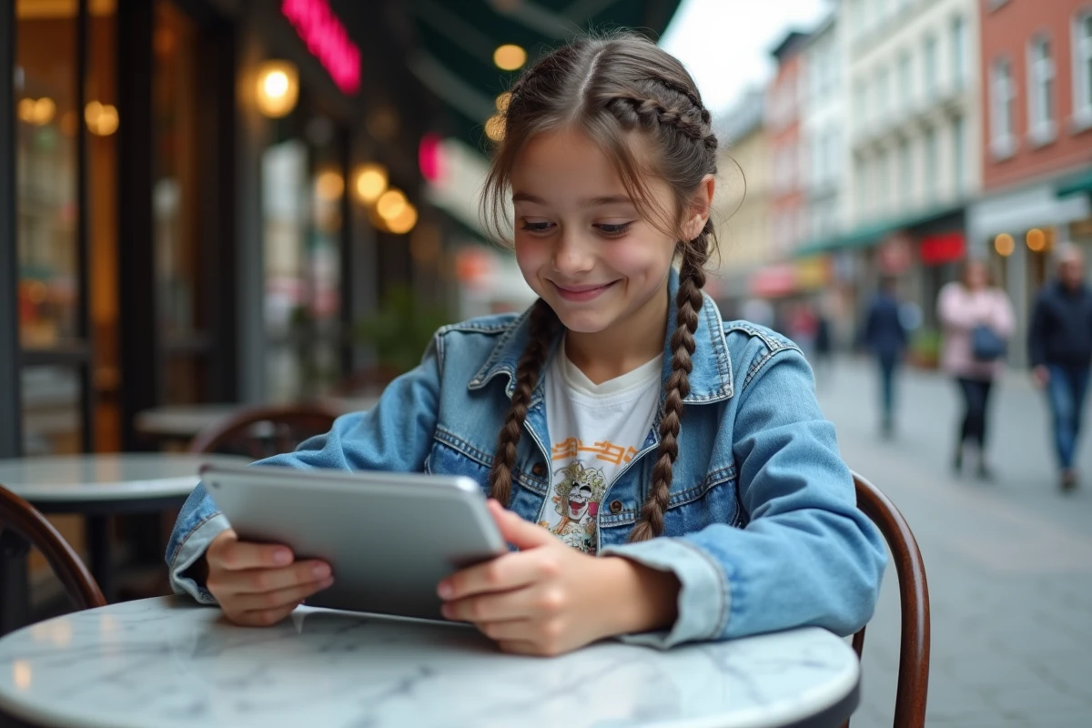 Fille adolescente souriante lisant manga sur tablette en extérieur