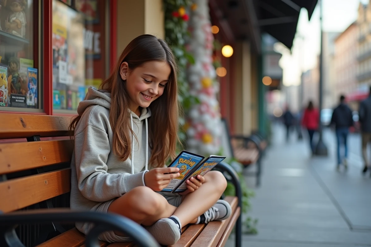 Fille souriante examinant un pack de cartes Pokémon dehors