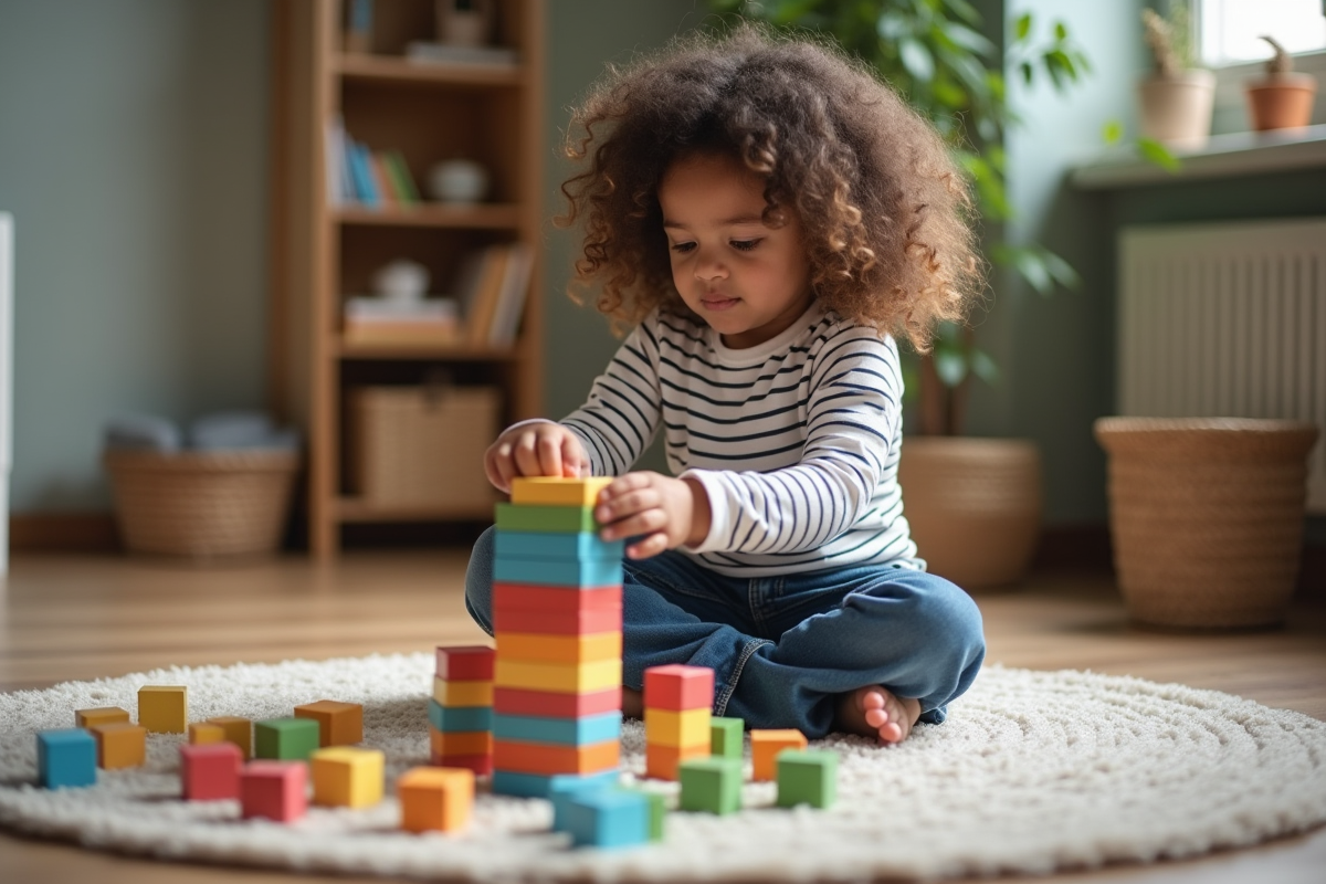 Jeune fille construisant une tour de blocs en bois dans le salon