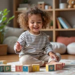 Jeune fille rieuse avec blocs alphabet en bois
