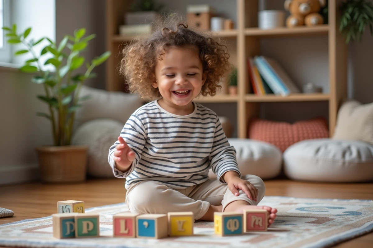 Jeune fille rieuse avec blocs alphabet en bois