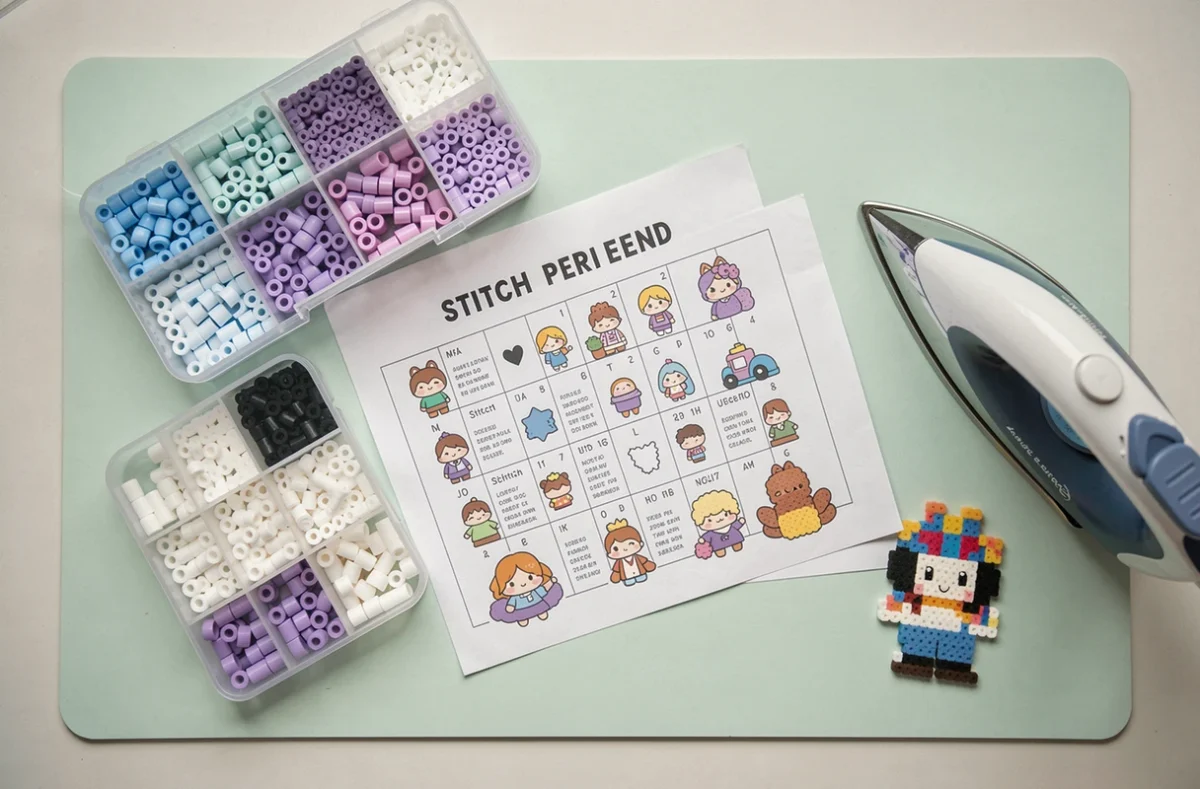 Flat lay de tous les matériaux nécessaires pour réaliser un modèle perles à repasser Stitch kawaii, organisés sur un tapis de travail menthe