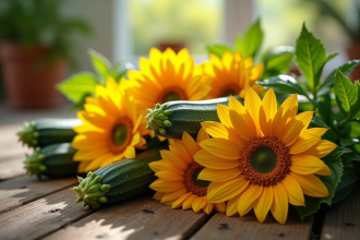 Fleurs de courgette fraîches sur une table en bois rustique