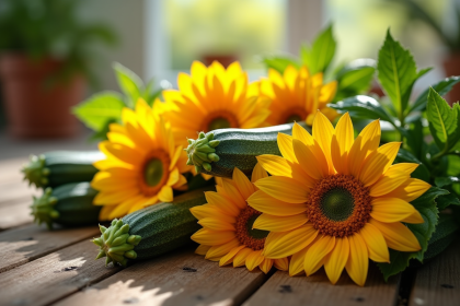 Fleurs de courgette fraîches sur une table en bois rustique