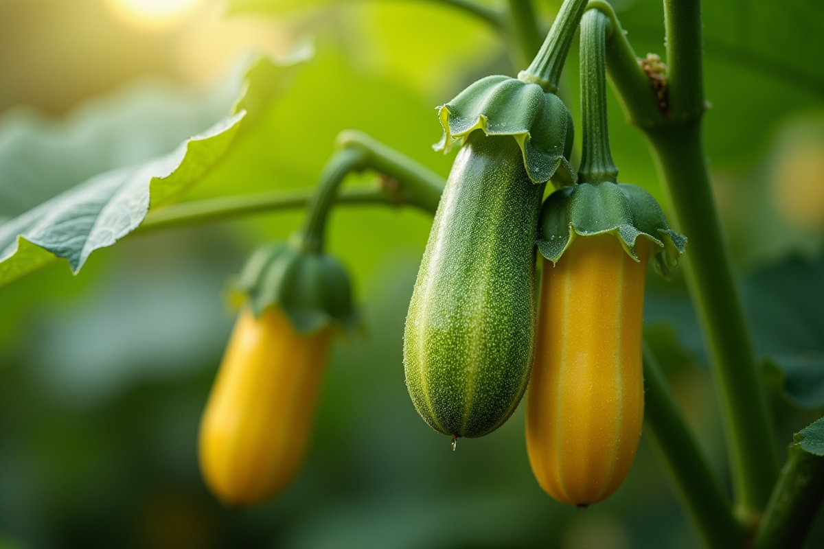 Fleurs de courgette attachées à la plante dans un jardin verdoyant