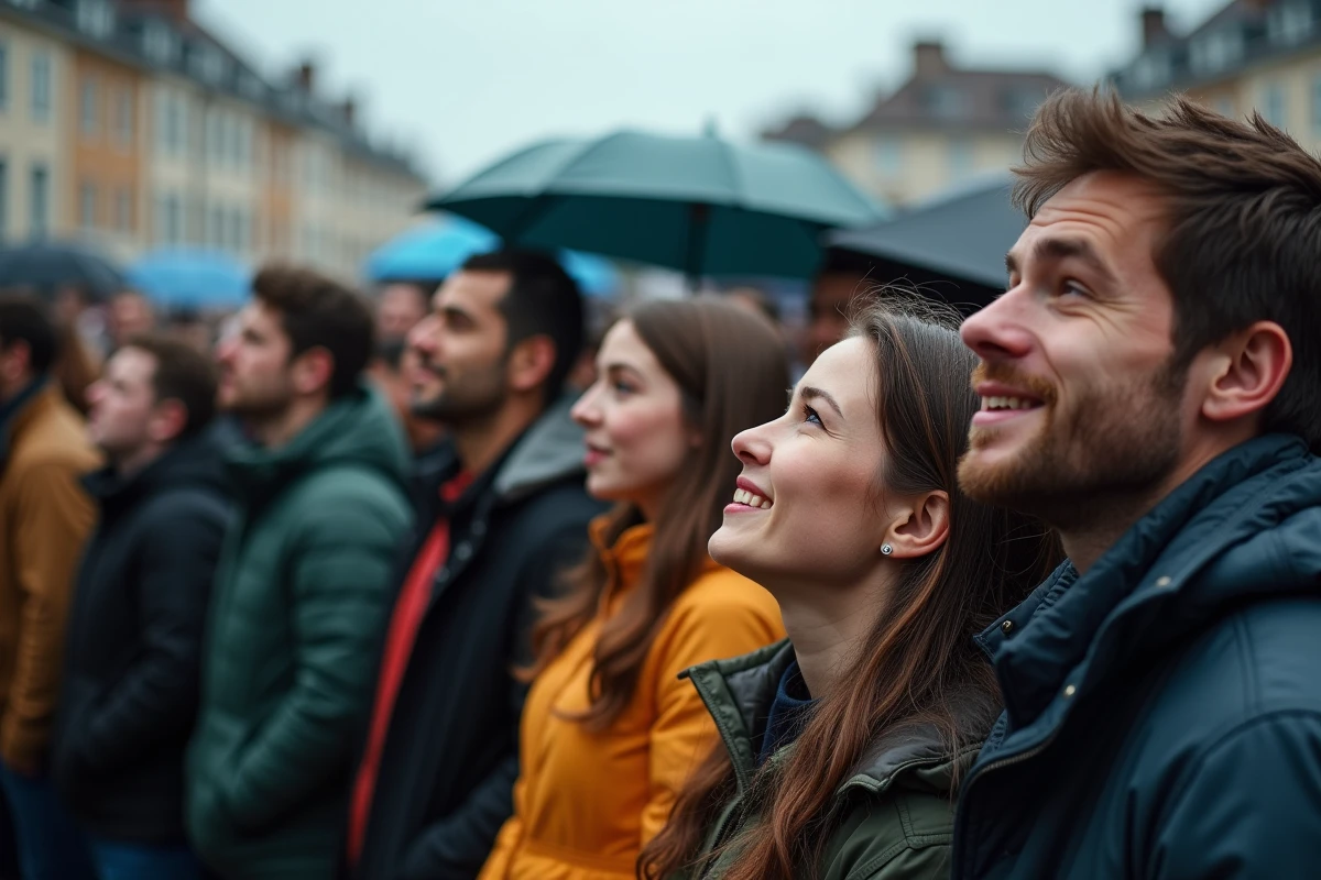 Foule de spectateurs sous les parapluies attendant le feu d'artifice du 14 juillet à Lille sous la pluie