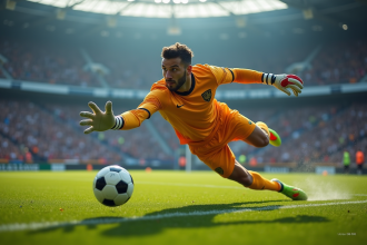 Gardien plongeant pour sauver un ballon lors d'un match de football en plein jour