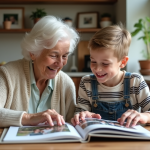 Une grand-mère souriante avec un petit garçon regardant un album photo