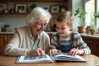 Une grand-mère souriante avec un petit garçon regardant un album photo