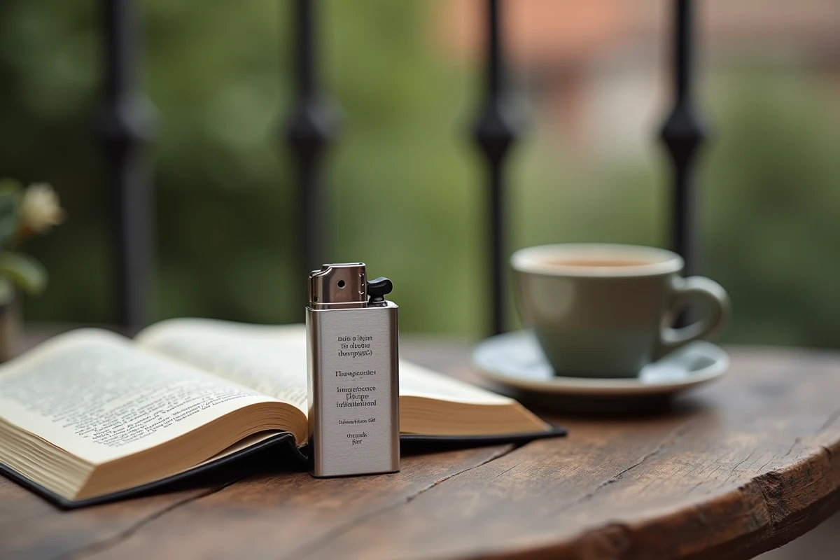 Gros plan sur un briquet argenté posé à côté d'un guide de conversation anglais, symbolisant l'apprentissage du mot lighter en anglais