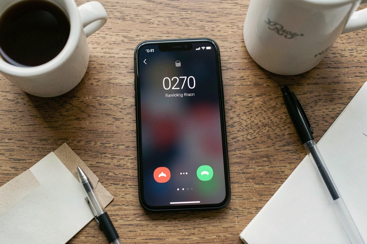 Gros plan d'un smartphone affichant un appel entrant avec le numéro 0270 posé sur un bureau en bois