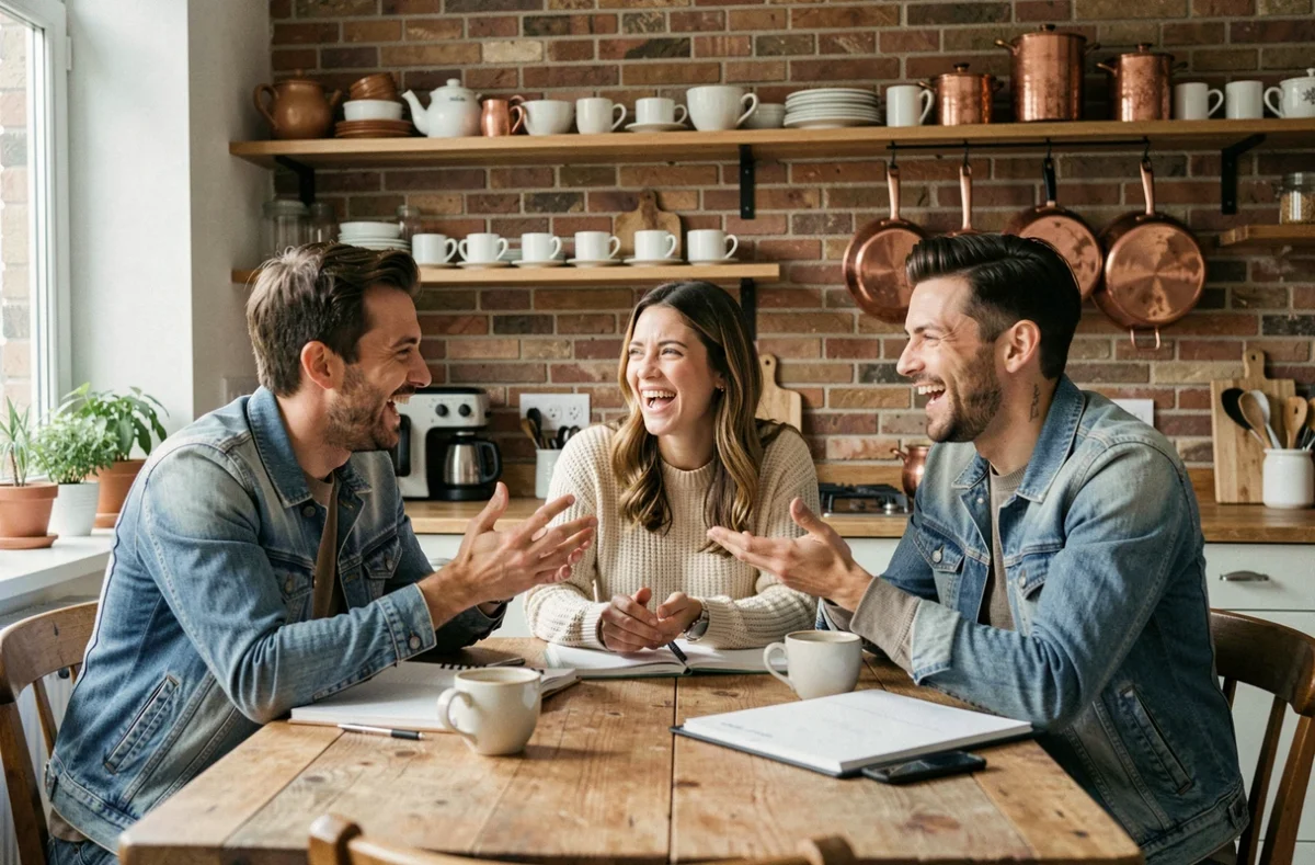 Groupe d'amis français s'amusant autour d'une table et échangeant des expressions orales typiquement françaises