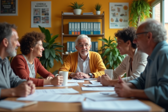 Groupe multiculturel en discussion dans une salle communautaire