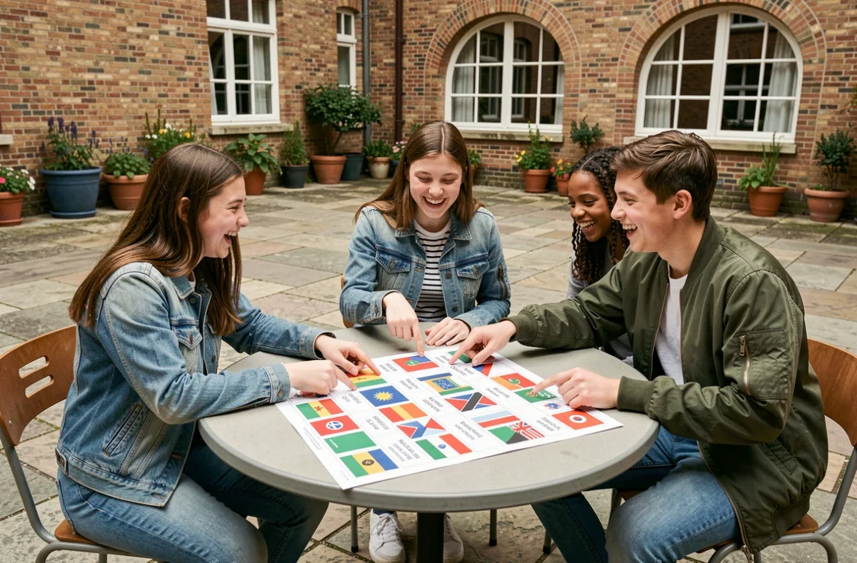 Groupe de collégiens et lycéens participant à un quiz sur les pays commençant par F dans une cour d'école