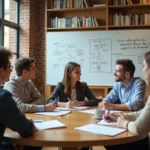Groupe d'étudiants en sociologie discutant du concept de fait social autour d'une table universitaire avec des schémas au tableau