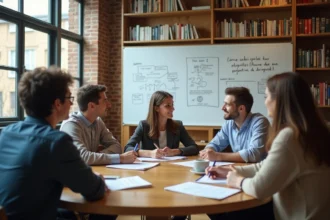 Groupe d'étudiants en sociologie discutant du concept de fait social autour d'une table universitaire avec des schémas au tableau