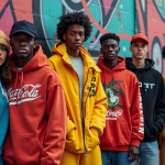 Groupe de jeunes en streetwear devant un mur graffiti urbain
