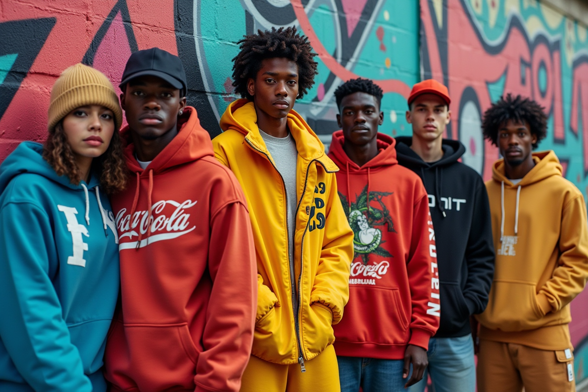Groupe de jeunes en streetwear devant un mur graffiti urbain