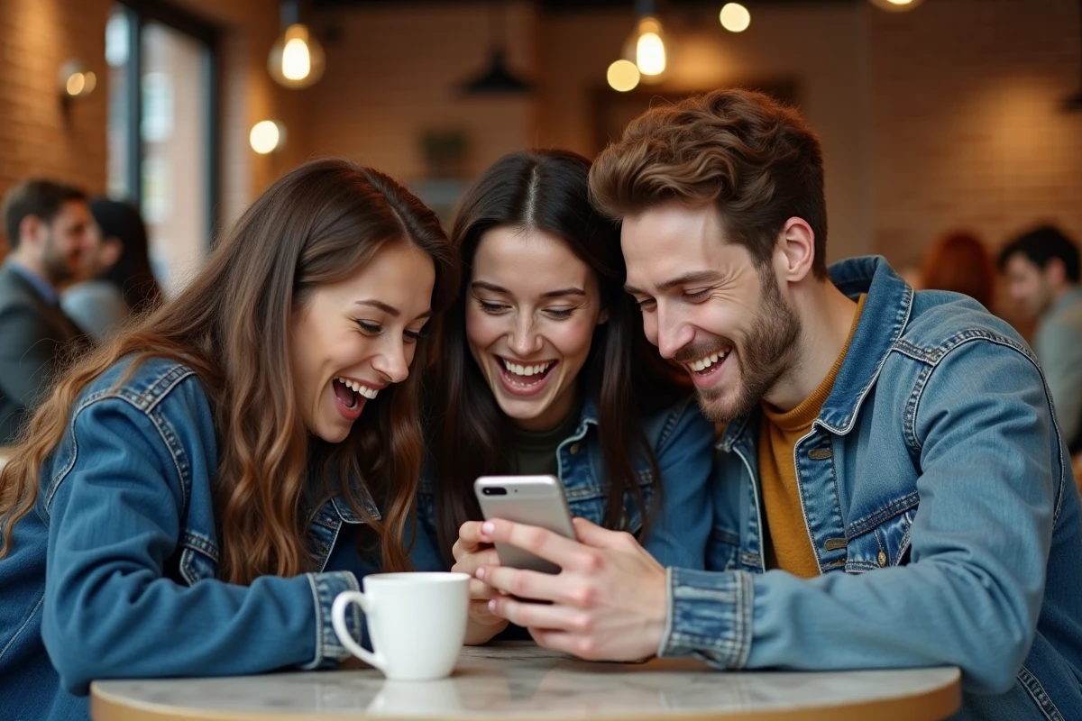 Groupe de jeunes adultes partageant la lecture d'un scan manga en français sur smartphone dans un café