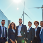 Groupe de professionnels devant un bâtiment écologique en énergie renouvelable