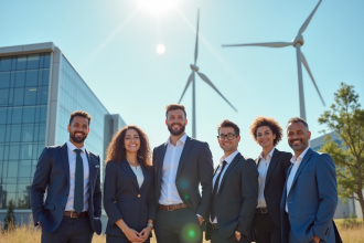 Groupe de professionnels devant un bâtiment écologique en énergie renouvelable