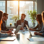 Groupe d'employes divers dans un bureau lumineux