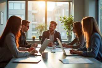 Groupe d'employes divers dans un bureau lumineux