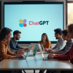 Groupe diversifié collaborant avec chatgpt en réunion