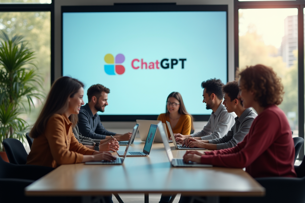 Groupe diversifié collaborant avec chatgpt en réunion