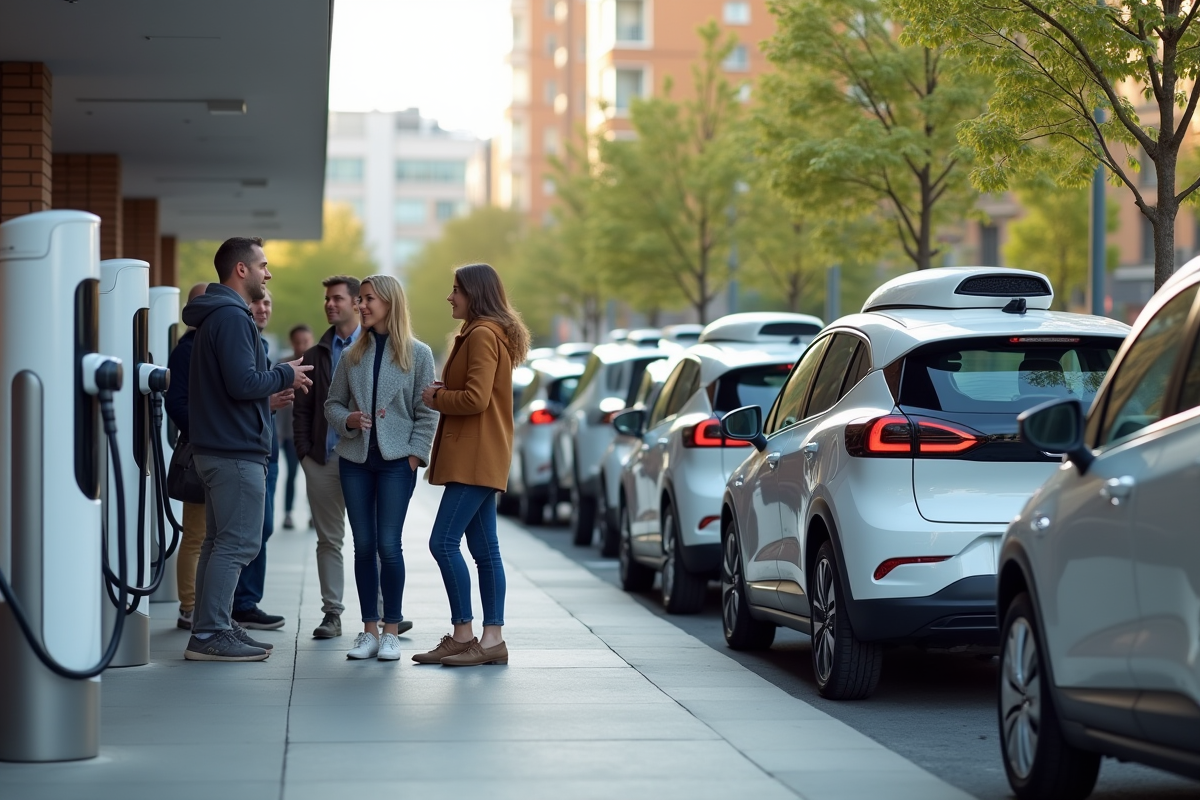 Groupe de personnes autour de véhicules autonomes écologiques