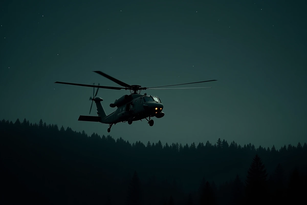 Hélicoptère militaire en vol nocturne à basse altitude au-dessus d'une forêt dense avec équipements furtifs