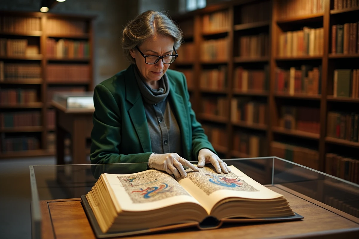 Une historienne compare des illustrations de dragons vikings et médiévaux dans un manuscrit ancien dans une salle d'archives universitaires