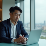 Homme d affaires asiatique concentré au bureau moderne
