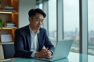 Homme d affaires asiatique concentré au bureau moderne