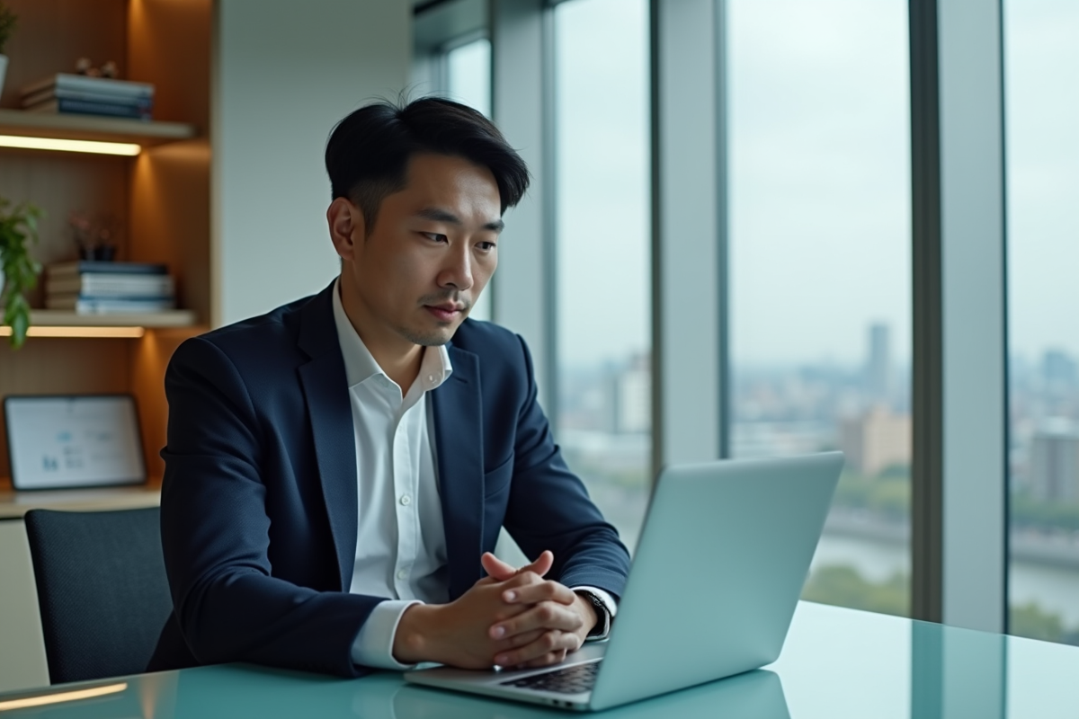 Homme d affaires asiatique concentré au bureau moderne