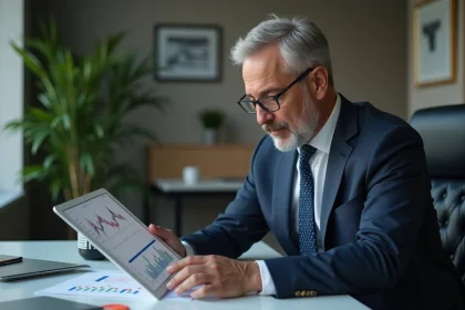 Homme d affaires en costume regardant des graphiques financiers