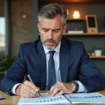 Homme d'affaires en costume bleu dans un bureau moderne