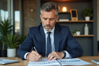 Homme d'affaires en costume bleu dans un bureau moderne