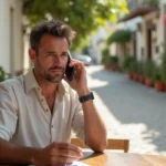 Homme composant un numéro international grec sur son smartphone depuis un café en plein air à Athènes