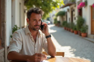 Homme composant un numéro international grec sur son smartphone depuis un café en plein air à Athènes