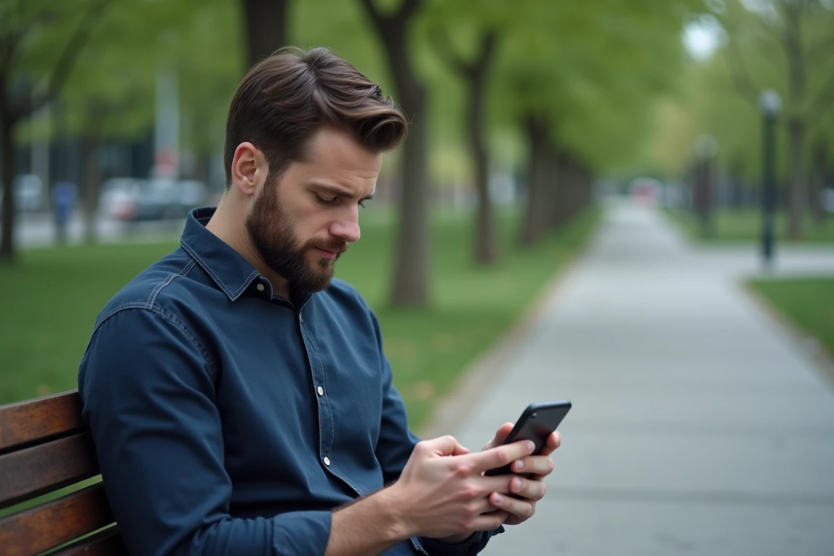 Homme consultant l'application Faljam sur mobile dans un parc urbain