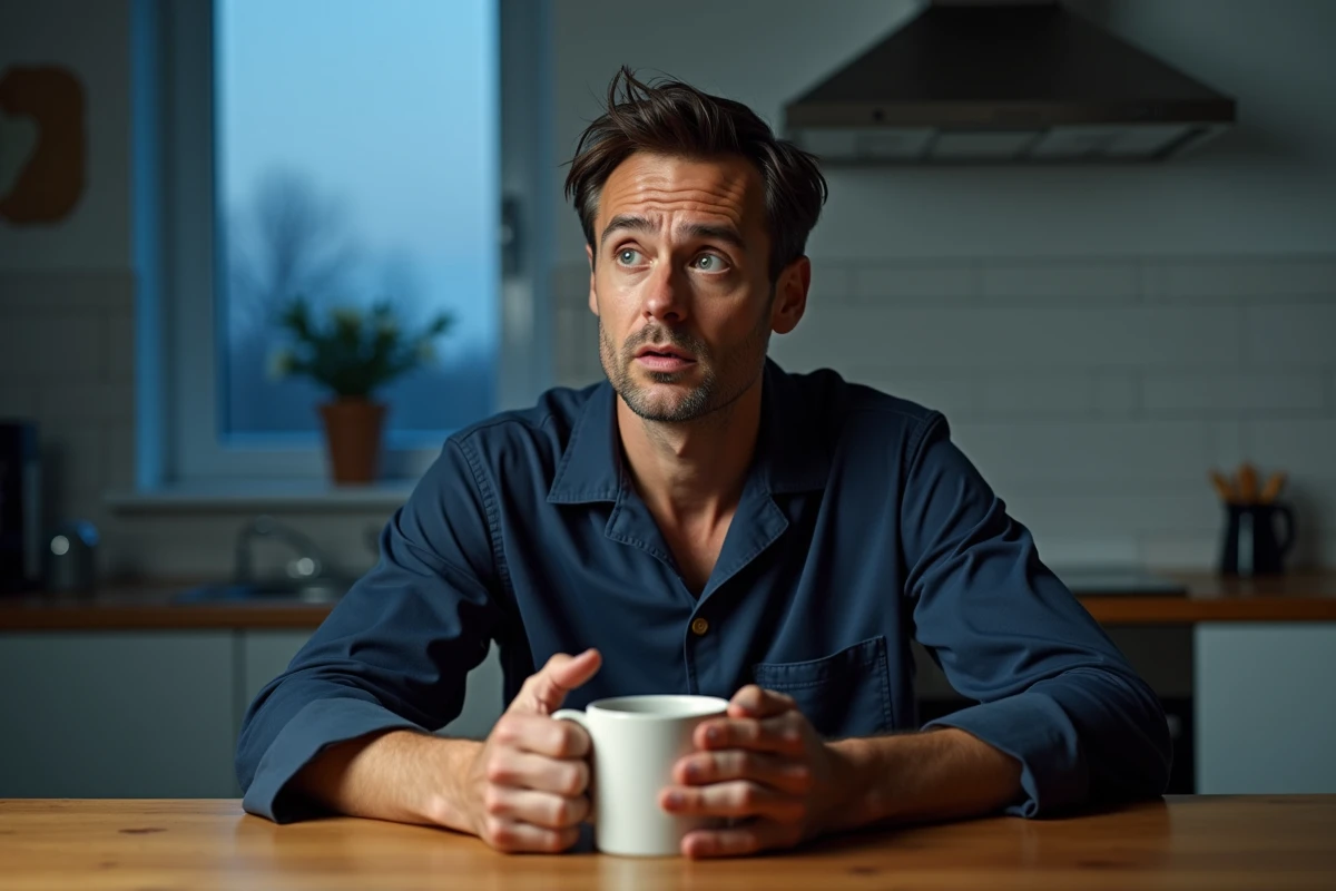 Homme pensif le matin après avoir rêvé d'un accident de voiture, assis à la cuisine avec un café