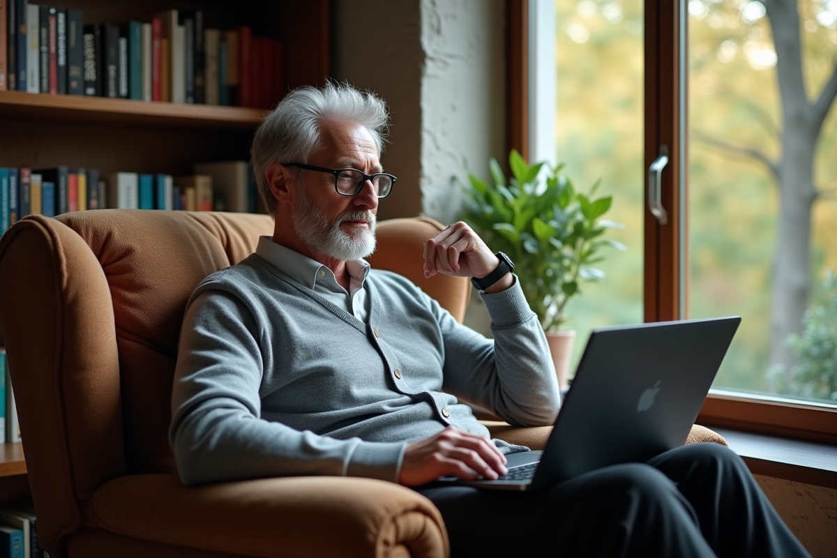 Homme de 55 ans dans un coin lecture regardant son portefeuille d